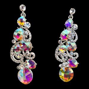 Jim Ball Austrian Crystal Tear Drop Iridescent Clear AB Silver-Tone Earrings